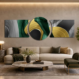 Emerald Gold Brushstroke Swirls 3 Piece Glass Wall Art