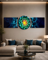 Glowing Teal Dahlia Bloom Macro 3 Piece Glass Wall Art