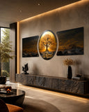 Golden Tree of Life Sunset 3 Piece Glass Wall Art