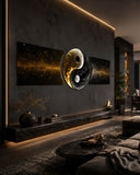 Golden Black Yin Yang Balance 3 Piece Glass Wall Art