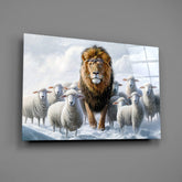 The Lion and the Lambs: Snowy Kingdom Glass Wall Art || Designer Collection