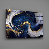 Elegant Gold Swirls on Midnight Blue Glass Wall Art