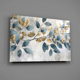 Elegant Gold & Blue Leaves Glass Wall Art