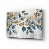 Elegant Gold & Blue Leaves Glass Wall Art