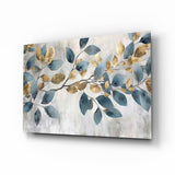 Elegant Gold & Blue Leaves Glass Wall Art