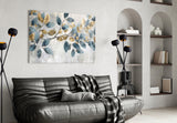 Elegant Gold & Blue Leaves Glass Wall Art