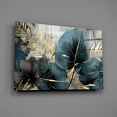 Elegant Teal & Gold Leaf Glass Wall Art