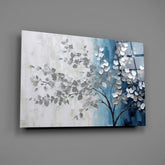 Elegant Silver Tree on Blue Glass Wall Art