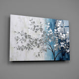 Elegant Silver Tree on Blue Glass Wall Art