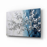 Elegant Silver Tree on Blue Glass Wall Art