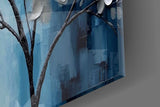 Elegant Silver Tree on Blue Glass Wall Art