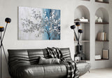 Elegant Silver Tree on Blue Glass Wall Art