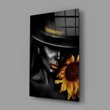 Elegant Lady with Sunflower Glass Wall Art