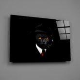 Elegant Black Cat in Suit Glass Wall Art