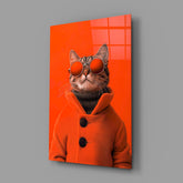 Cool Cat in Red Coat Glass Wall Art