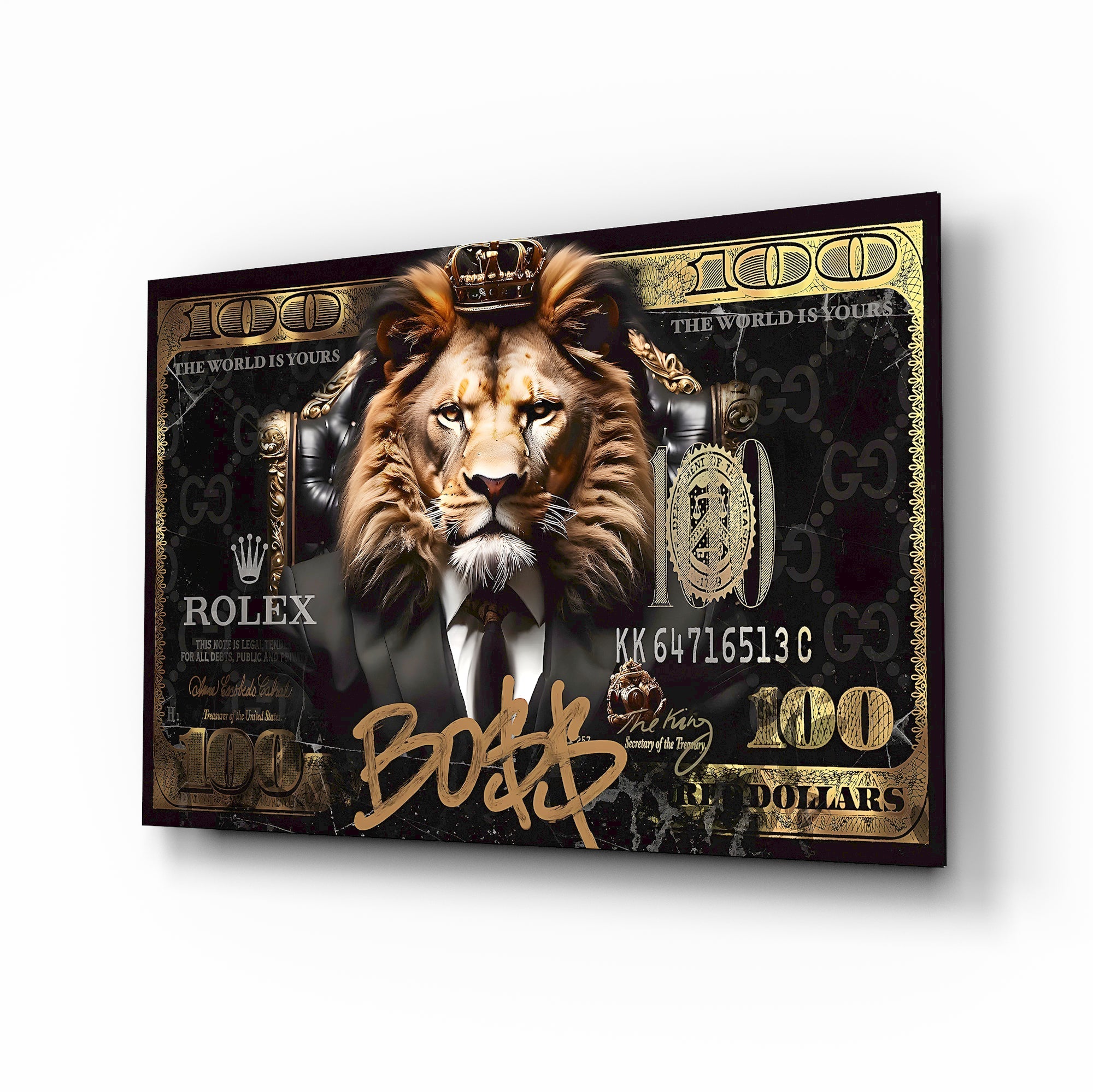 Lion King 100 Dollar Bill Glass Wall Art