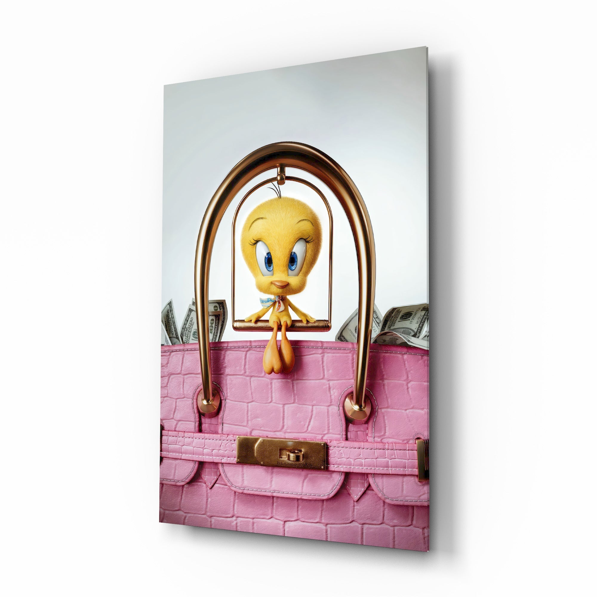 Tweety in Pink Purse Glass Wall Art