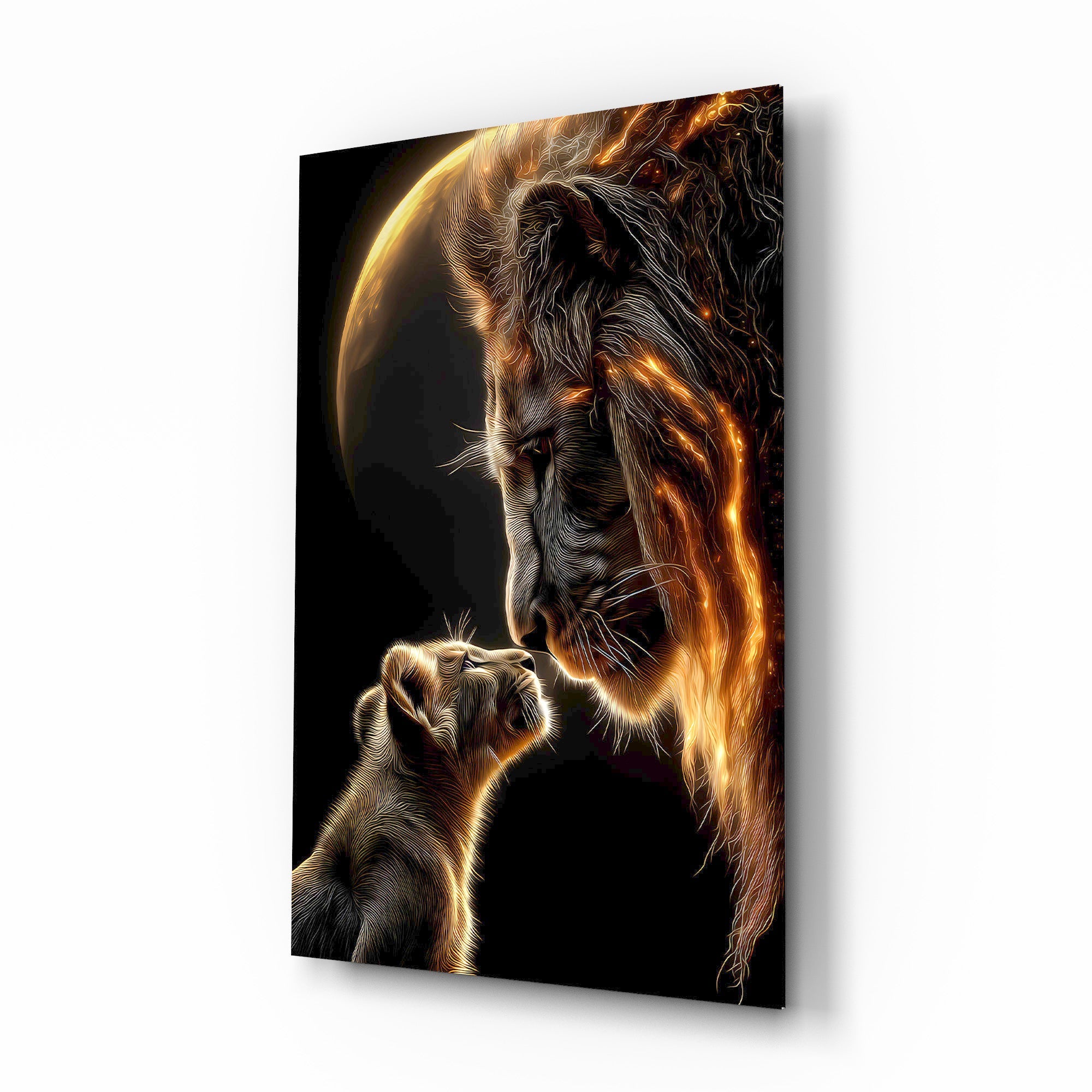 Lion and Cub Fire Glass Wall Art