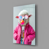 Funky Sheep in Pink Glass Wall Art