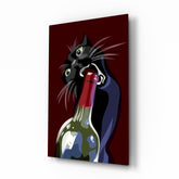 Black Cat with Wine Bottle Glass Wall Art