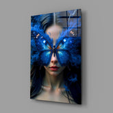 Ethereal Blue Butterfly Portrait Glass Wall Art