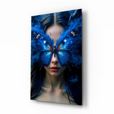 Ethereal Blue Butterfly Portrait Glass Wall Art