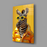 Zebra in Gold Puffer Jacket Glass Wall Art