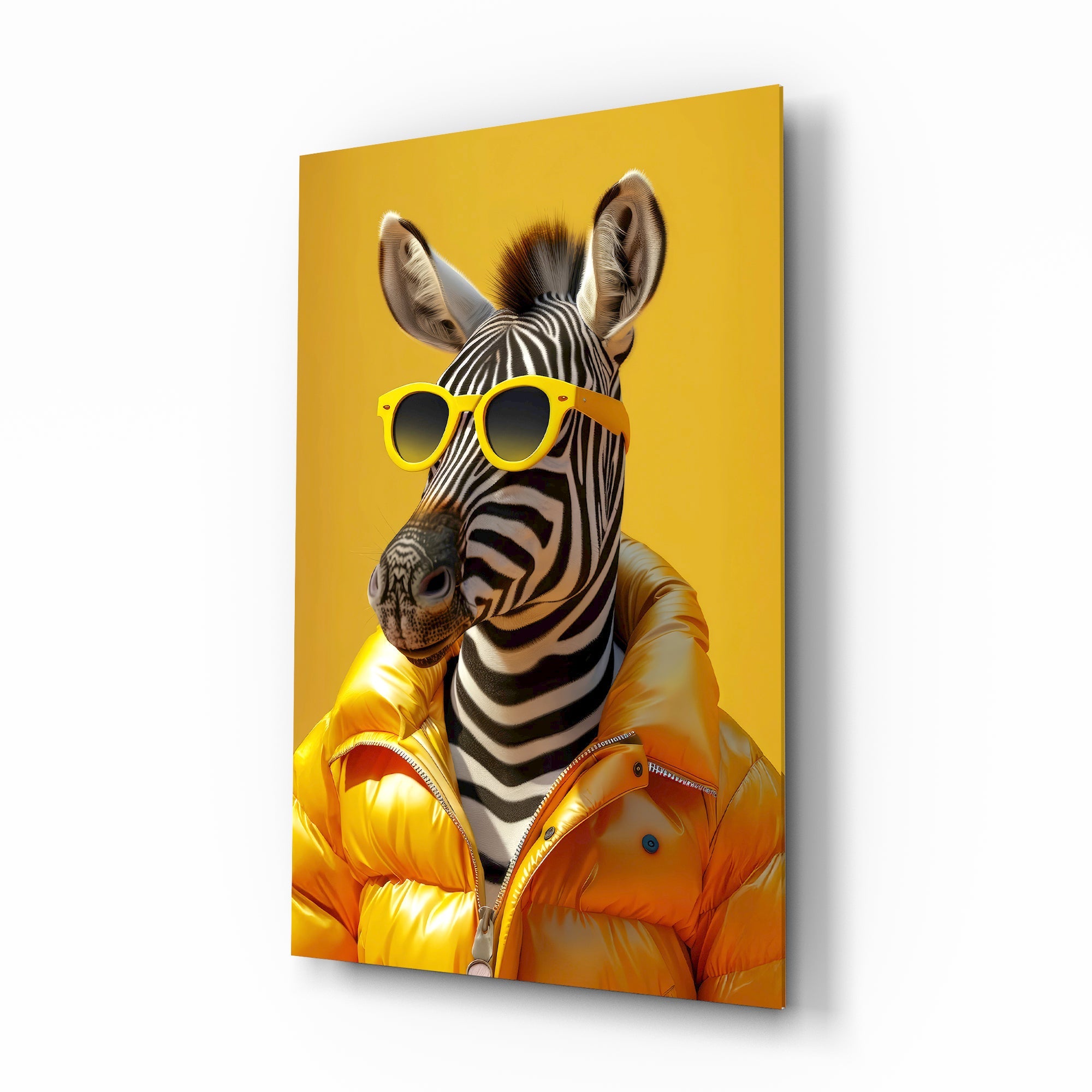 Zebra in Gold Puffer Jacket Glass Wall Art