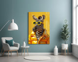 Zebra in Gold Puffer Jacket Glass Wall Art