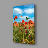 Poppy Field Butterflies Glass Wall Art