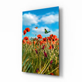 Poppy Field Butterflies Glass Wall Art