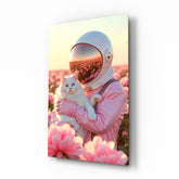 Space Cat in Pink Flowers Glass Wall Art