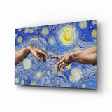 Hands of God and Adam in Van Gogh Style Glass Wall Art.
