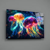 Neon Jellyfish Glass Wall Art || Designer Collection.