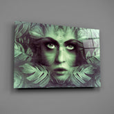 Tropical Leaf and Woman Portrait Glass Wall Art.