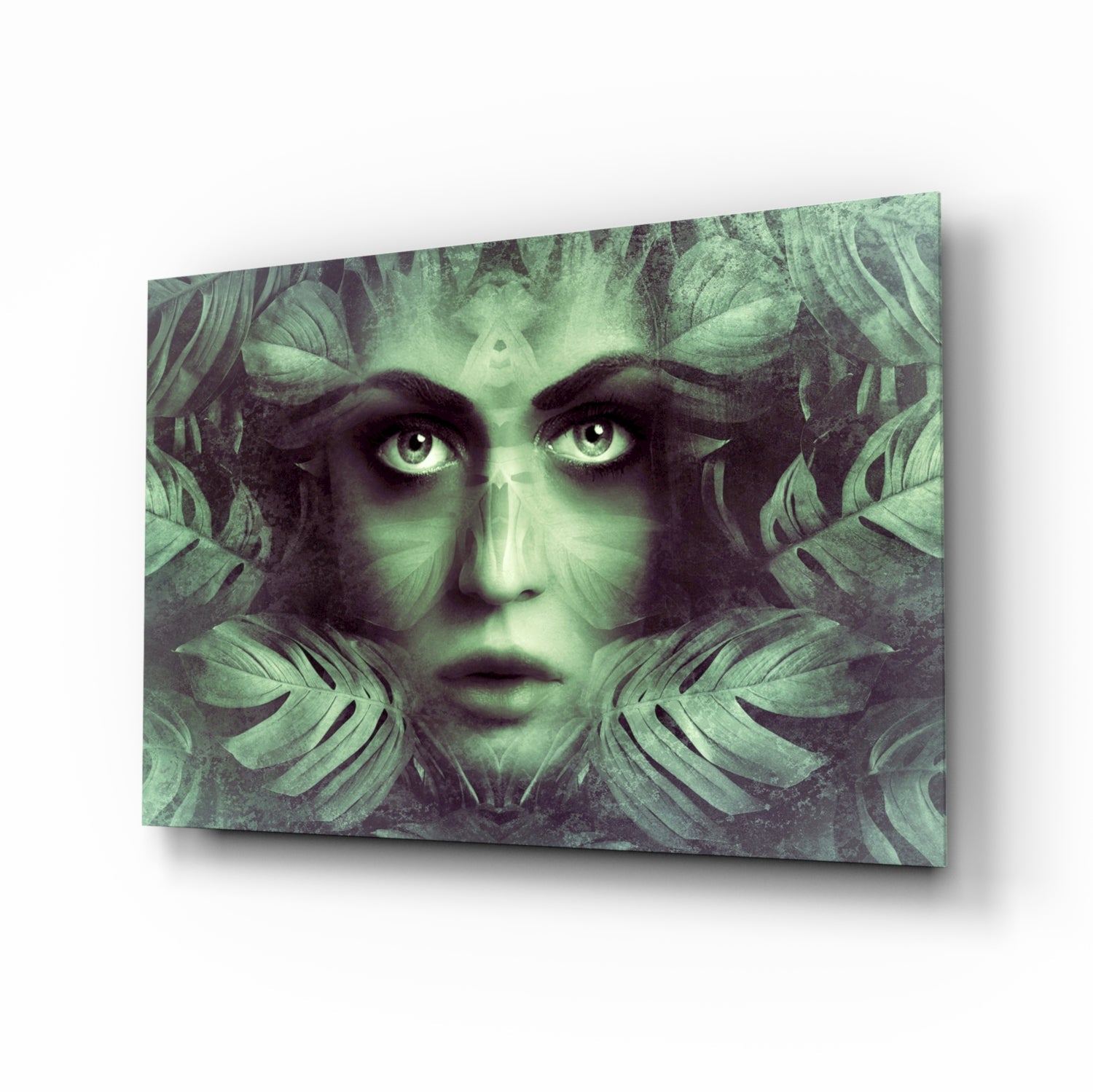 Tropical Leaf and Woman Portrait Glass Wall Art.