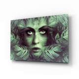Tropical Leaf and Woman Portrait Glass Wall Art.