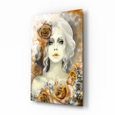 Yellow Rose and Woman Glass Wall Art.
