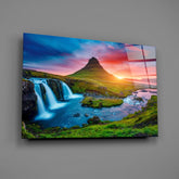 Kirkjufellsfoss Waterfall and View Glass Wall Art.