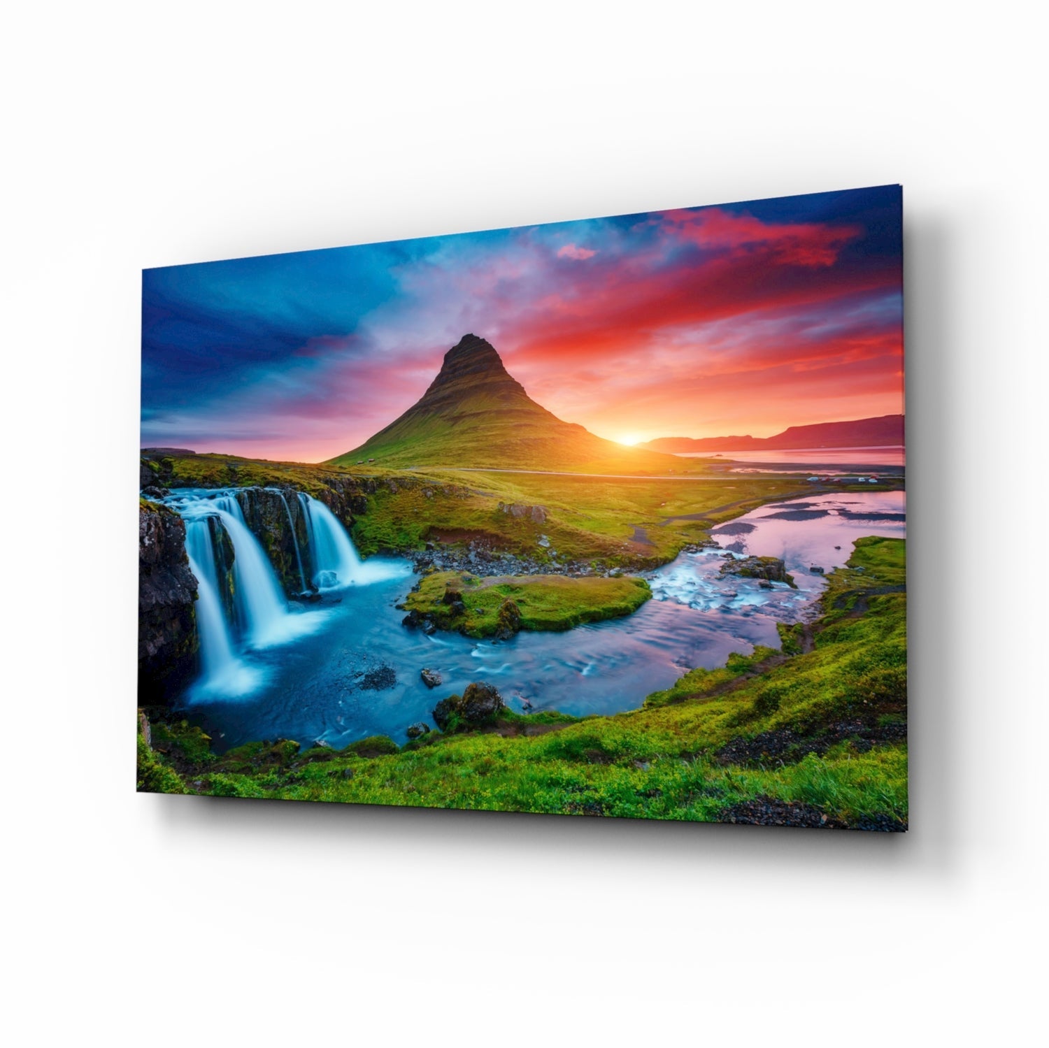 Kirkjufellsfoss Waterfall and View Glass Wall Art.