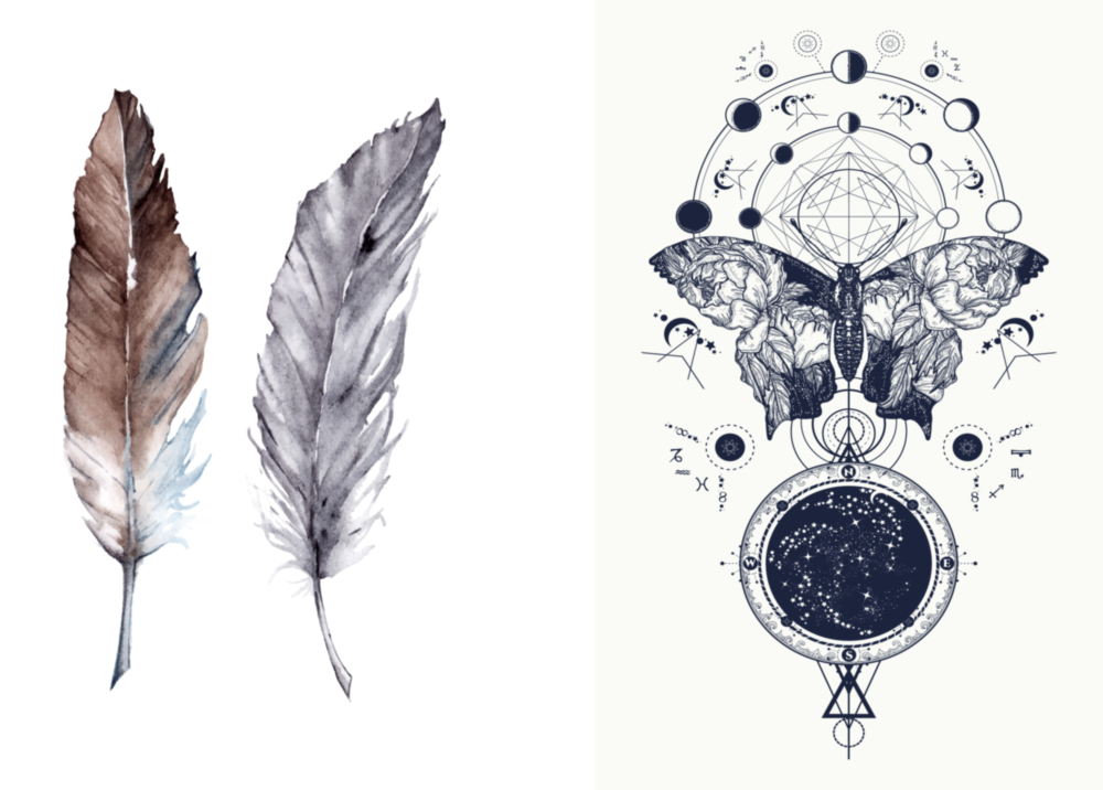 Feathers and Butterfly 2 Pieces Combine Glass Wall Art