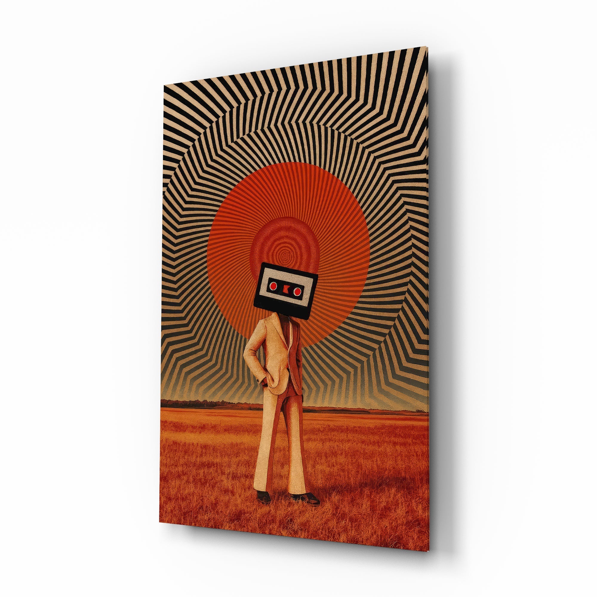 Cassette Head in Red Field Glass Wall Art