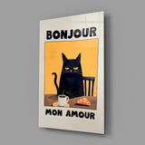 Bonjour Cat Breakfast Glass Wall Art