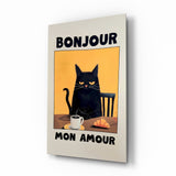 Bonjour Cat Breakfast Glass Wall Art