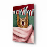Yawning Cat in Bed Glass Wall Art