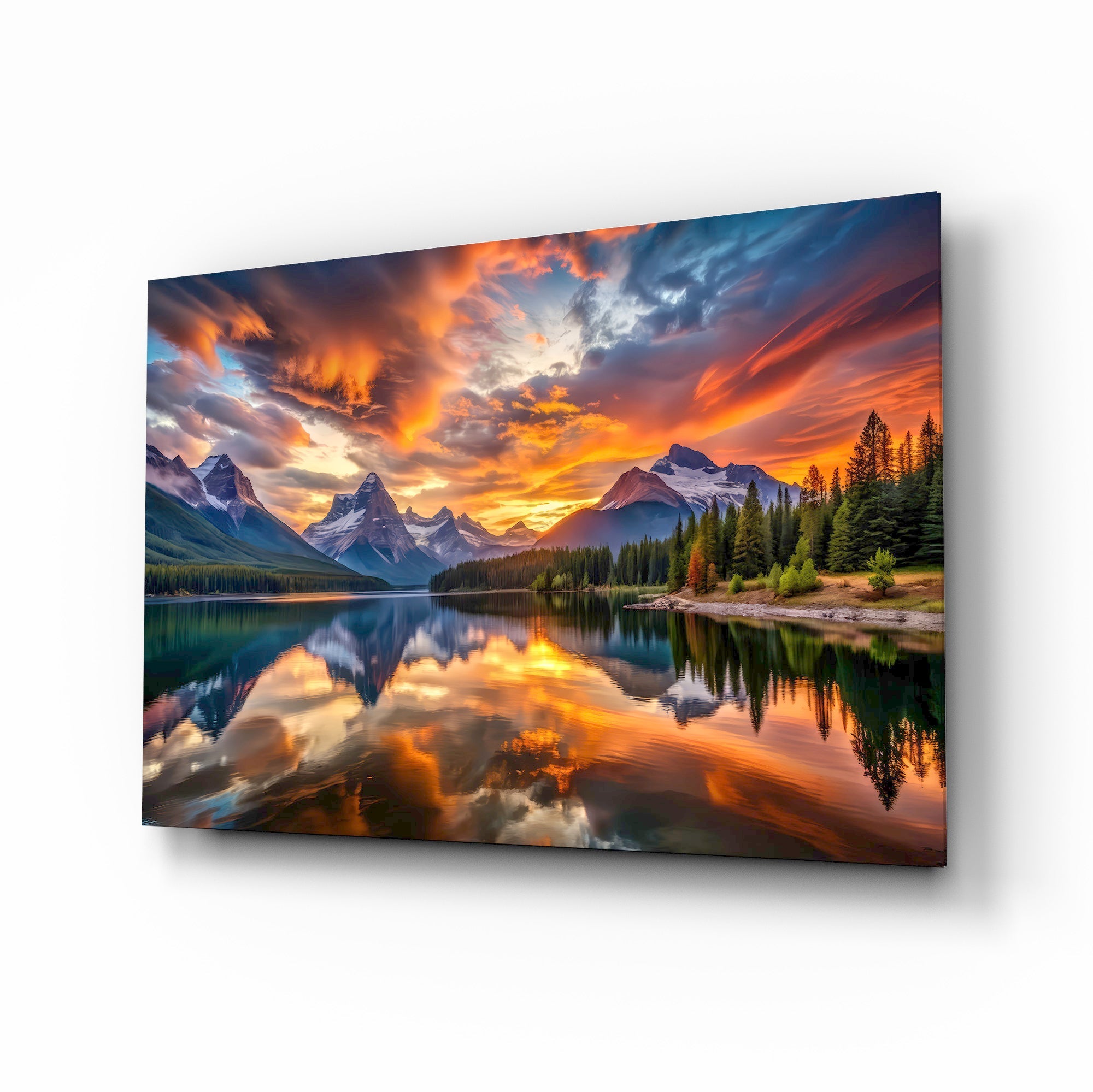 Fiery Clouds Over Snowy Peaks Lake Glass Wall Art
