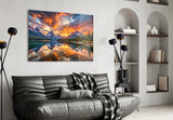 Fiery Clouds Over Snowy Peaks Lake Glass Wall Art