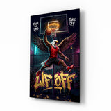 Liftoff Red Eagle Basketball Dunk Glass Wall Art