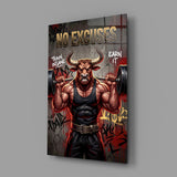 No Excuses Weightlifting Bull Glass Wall Art