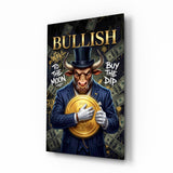 Bullish Gold Coin Bull in Suit Glass Wall Art